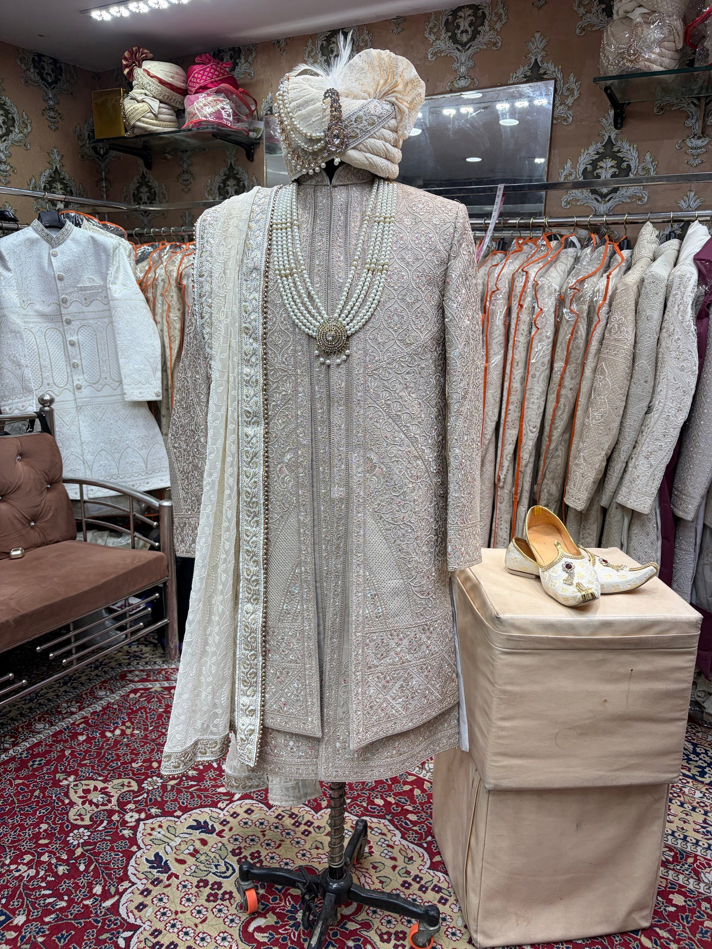 Light Beige Golden White sherwani