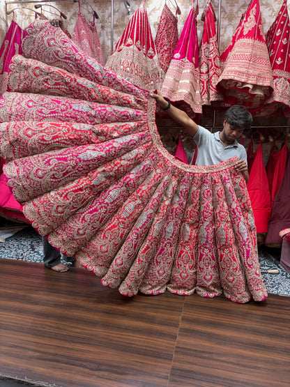 Rani pink red orange Peacock Multikali Ball Bridal Lehenga