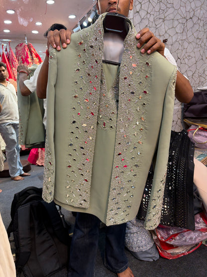 Pista Green Mirror Work Indo western Jodhpuri Mens Wear