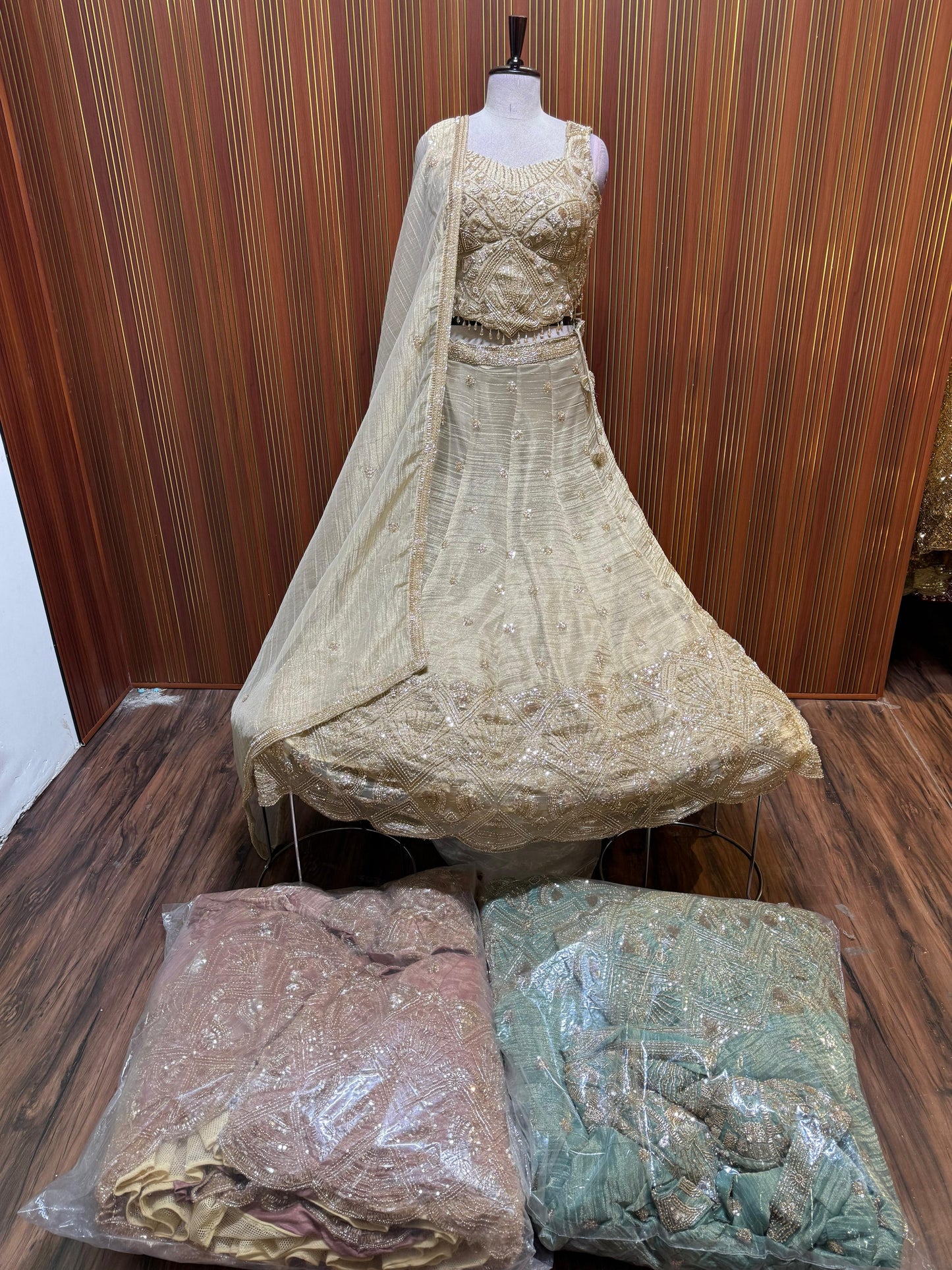 Golden pink blue Crop top Lehenga