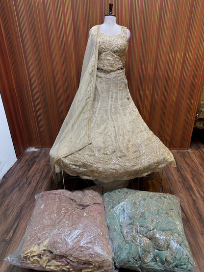 Golden pink blue Crop top Lehenga