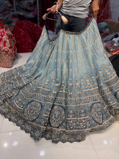 ब्लू डबल शेड हैंडवर्क जरदोज़ी लहंगा
