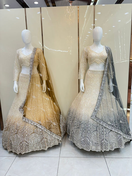 Golden mustard golden green double Shade Crop top Lehenga