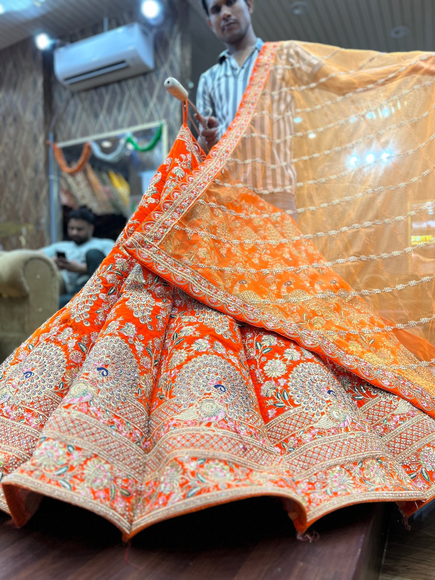 Something different handmade orange peacock ball bridal lehenga