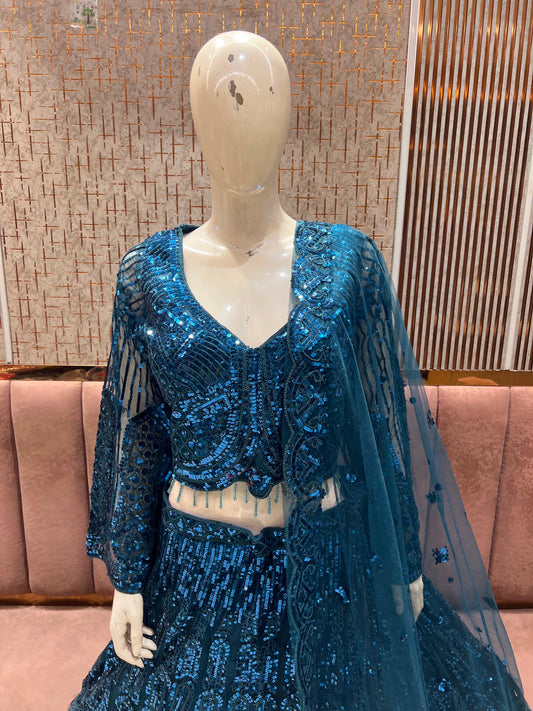 Navy Blue on Blue Monotone Crop Top Lehenga Xxxl Size