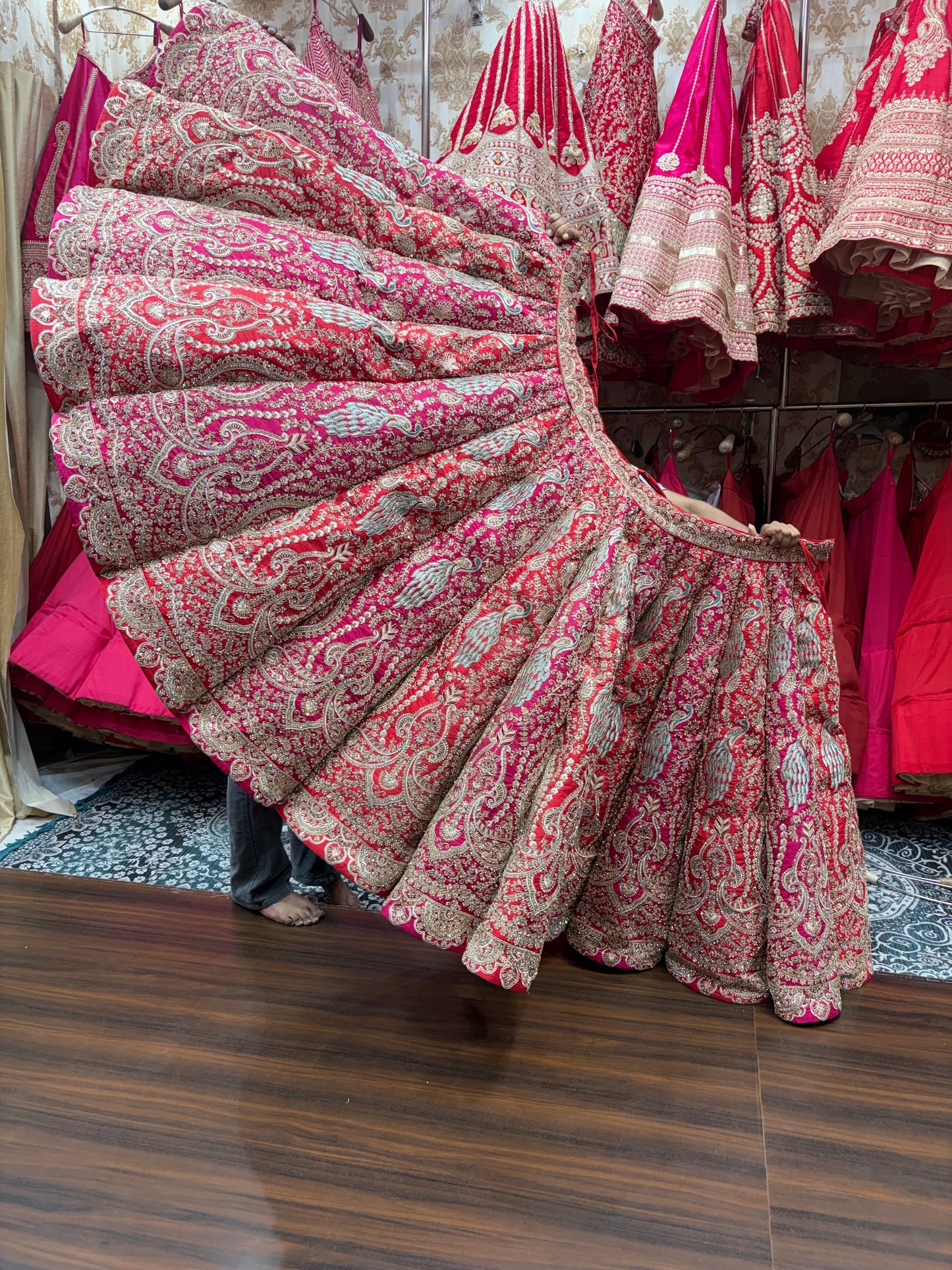 Rani pink red orange Peacock Multikali Ball Bridal Lehenga
