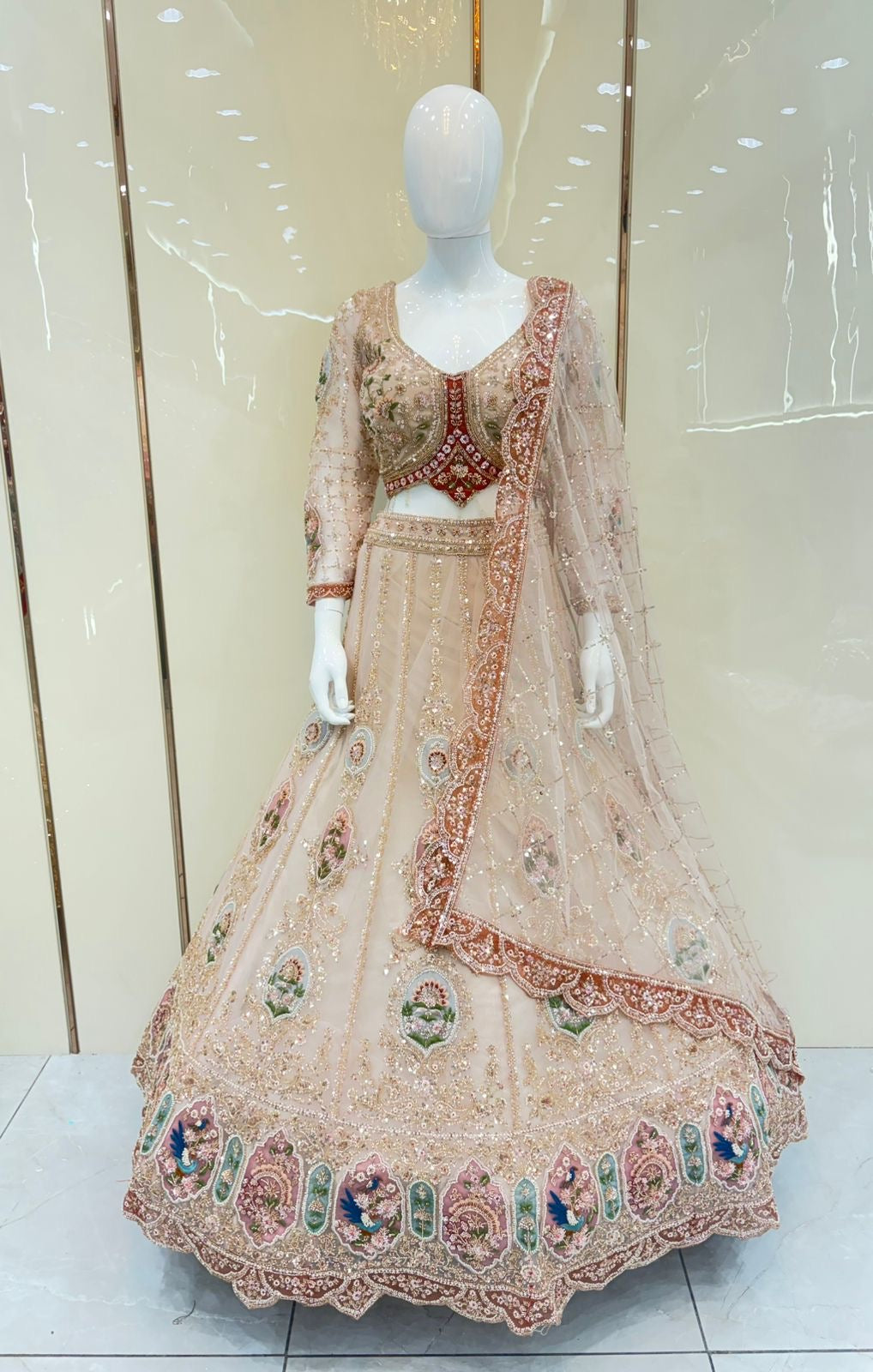 Peach green gown Lehenga