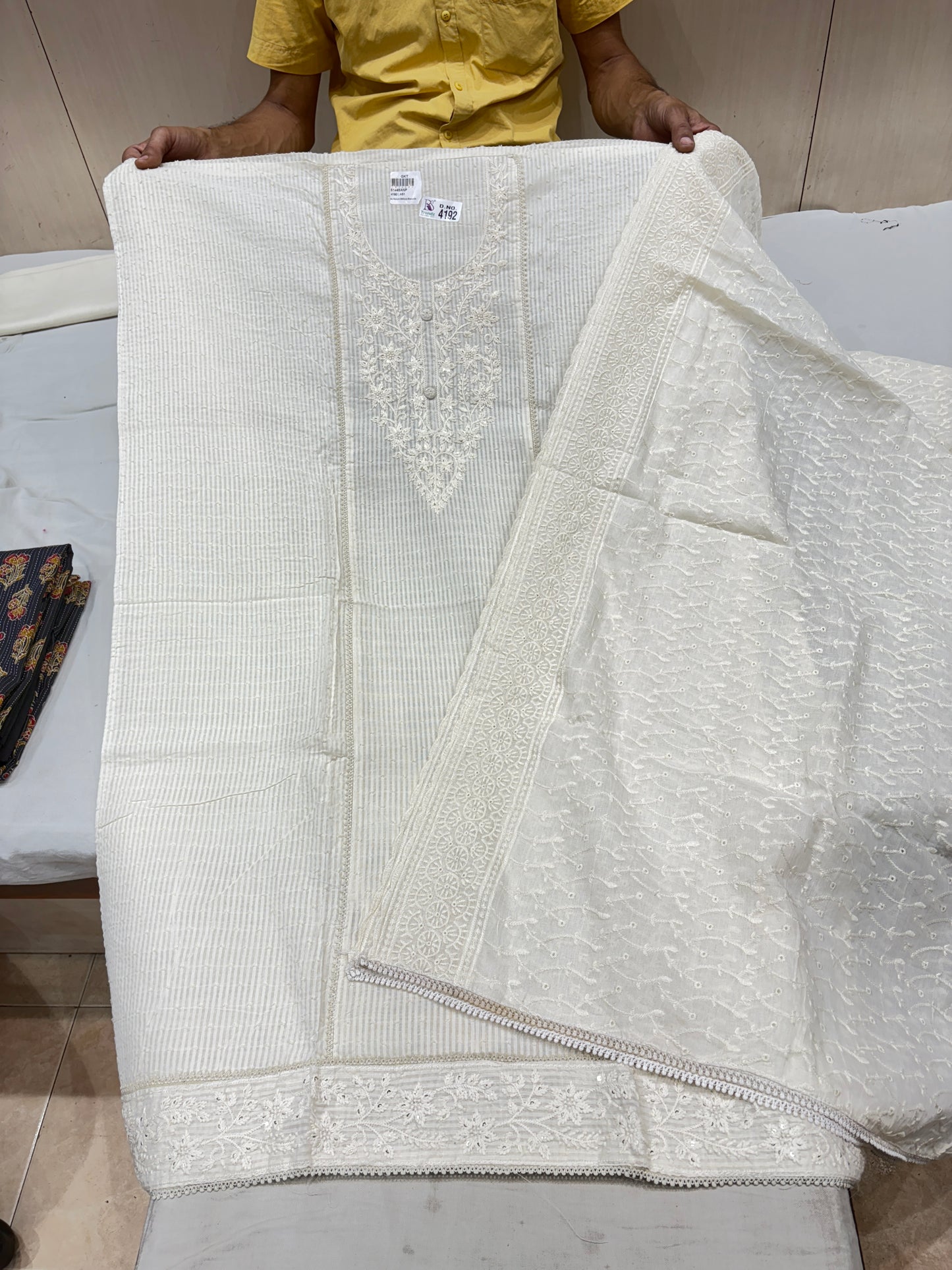 Embellished white georgette cotton unstitched suit ( free size )