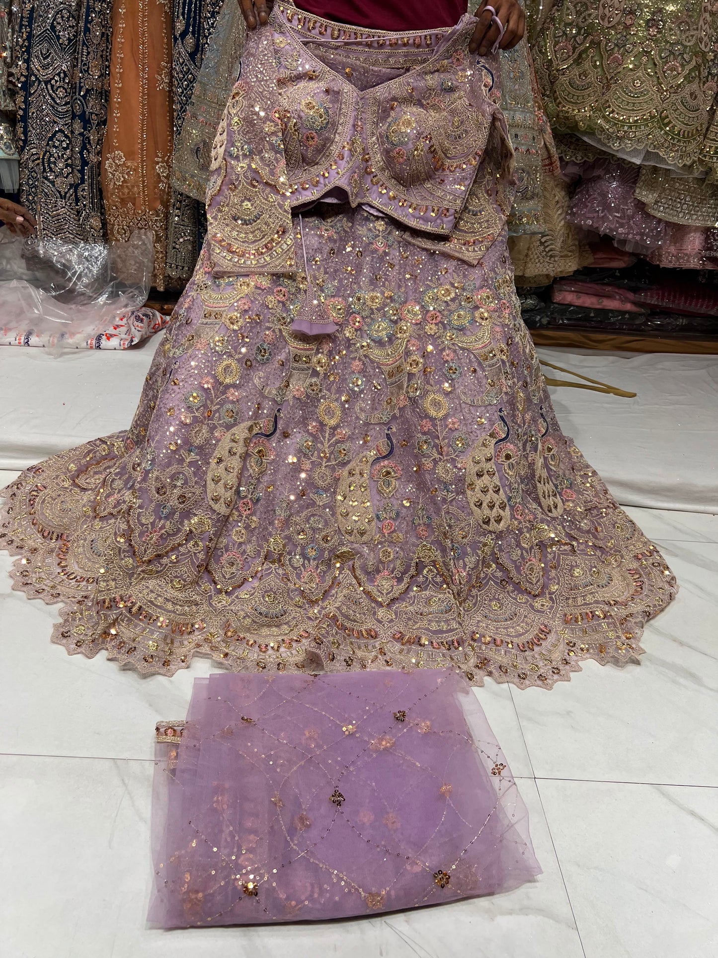 Lavender Peacock Crop Top Lehenga