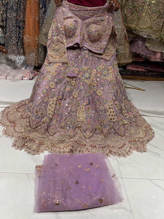 Lavender Peacock Crop Top Lehenga