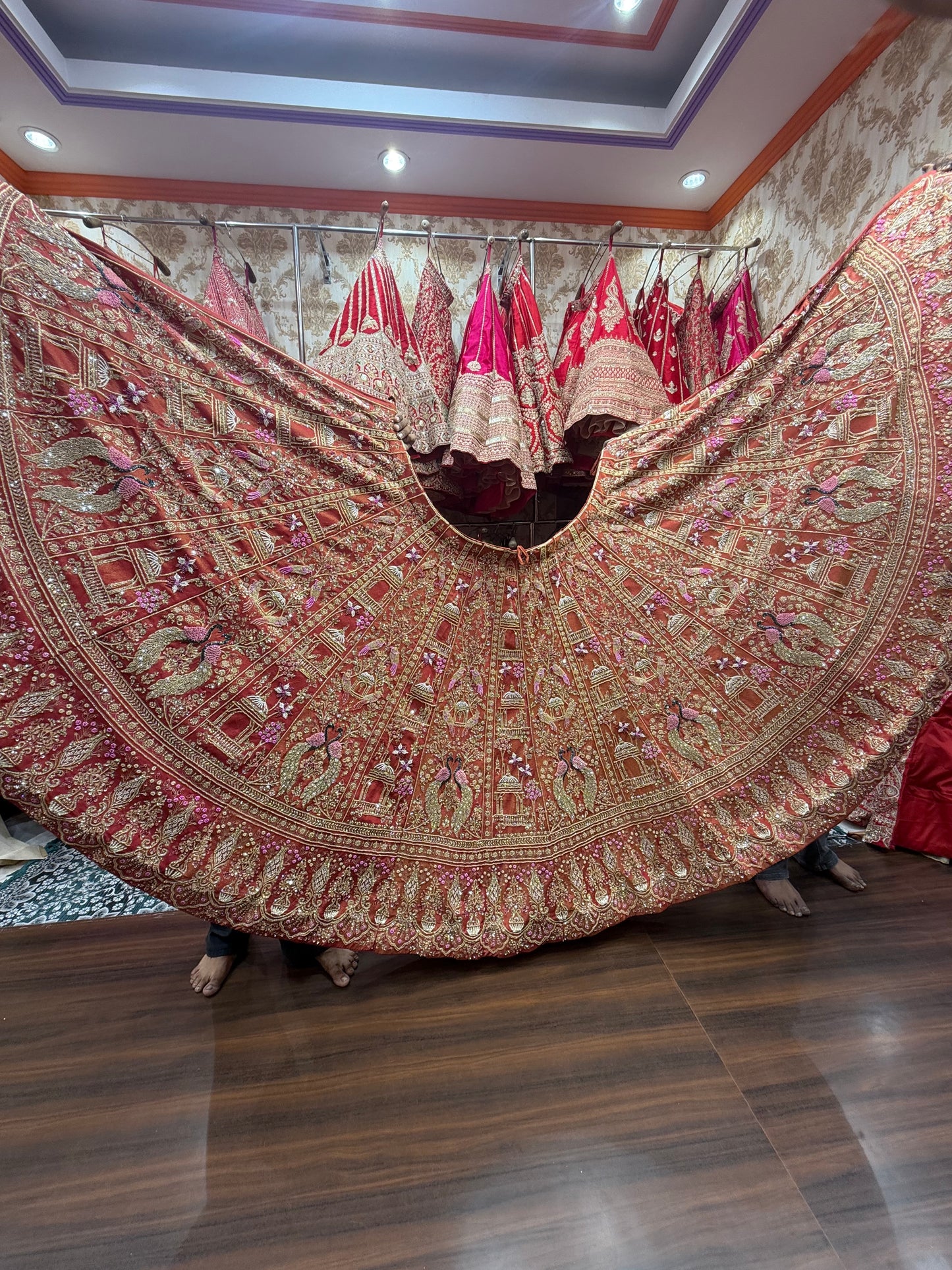 Orange Pink Peacock Bridal Lehenga