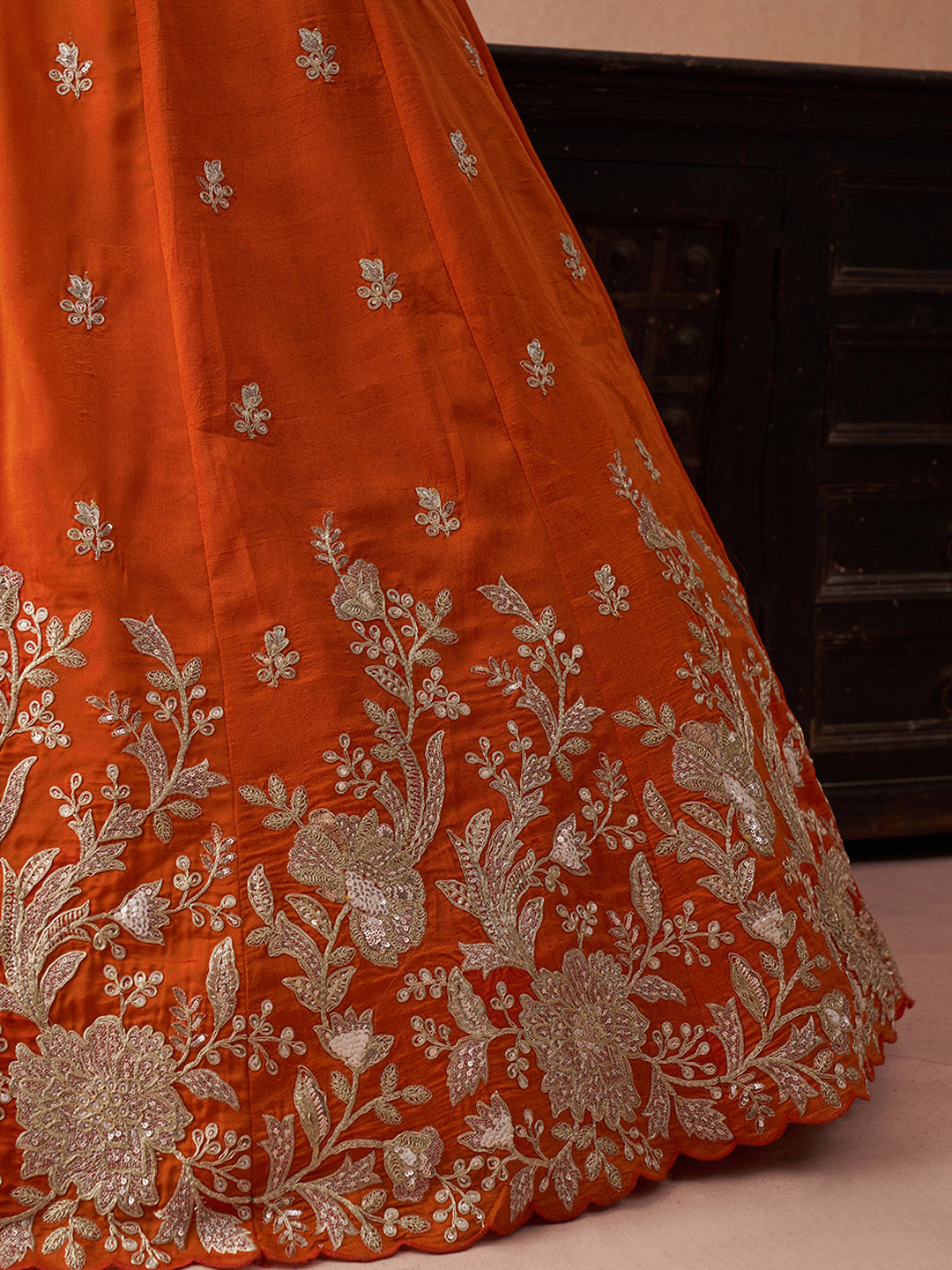 Rust Orange- Tissue Sequinned with Zari Embroidered Lehenga 6309