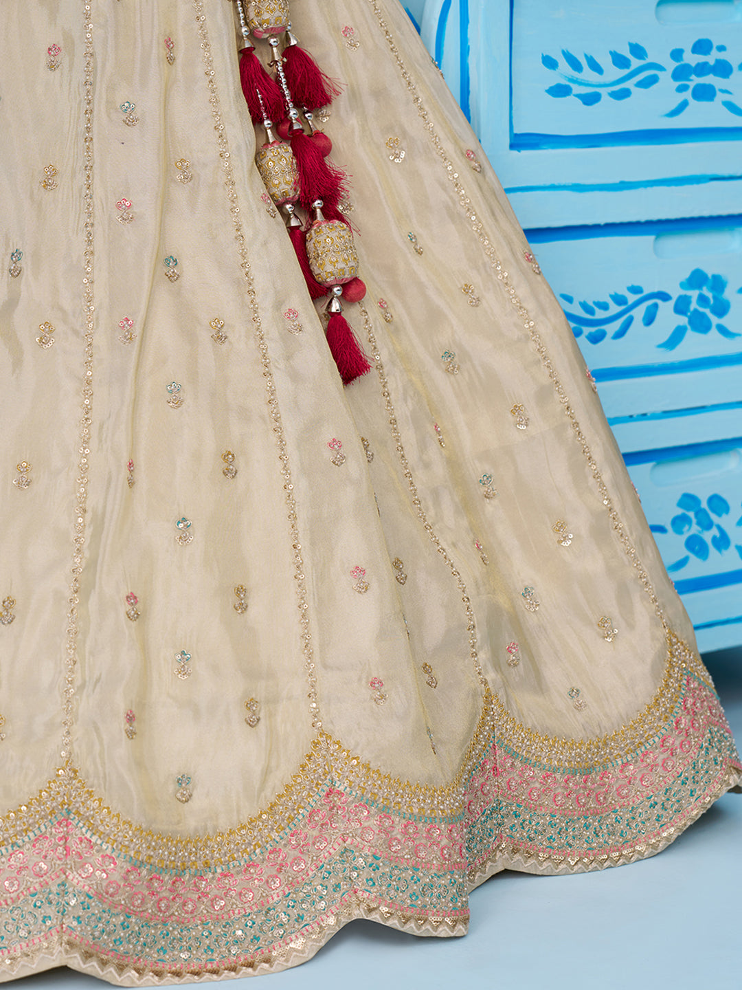 Cream Rani pink- Tissue Sequins Embroidered Lehenga 6137