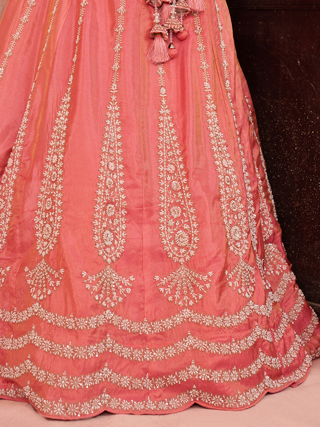 Peach- Tissue Beads & Sequins Embroidered Lehenga 6222