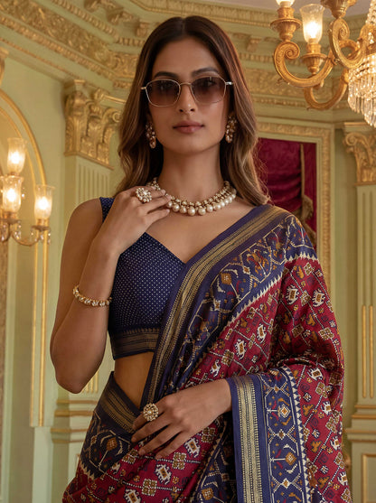 Maroon Blue Poly Viscose Fabric Saree 6178-06 - Shopping World