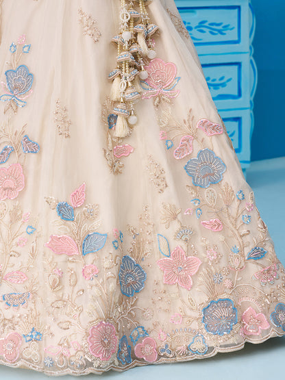 Cream- Tissue Beads & Sequinned Floral Embroidered Lehenga 6241