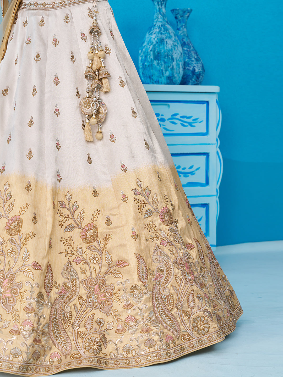 Tissue Beads & Sequins Embroidered Omber Beige and Cream Lehenga choli 6301