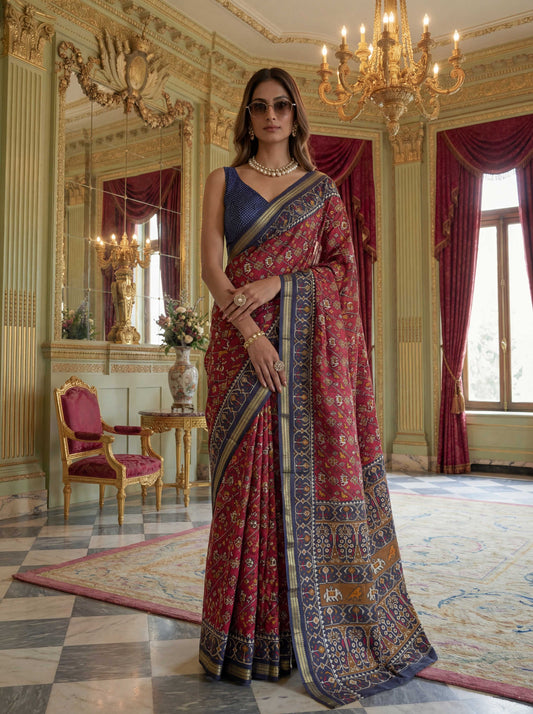 Maroon Blue Poly Viscose Fabric Saree 6178-06 - Shopping World