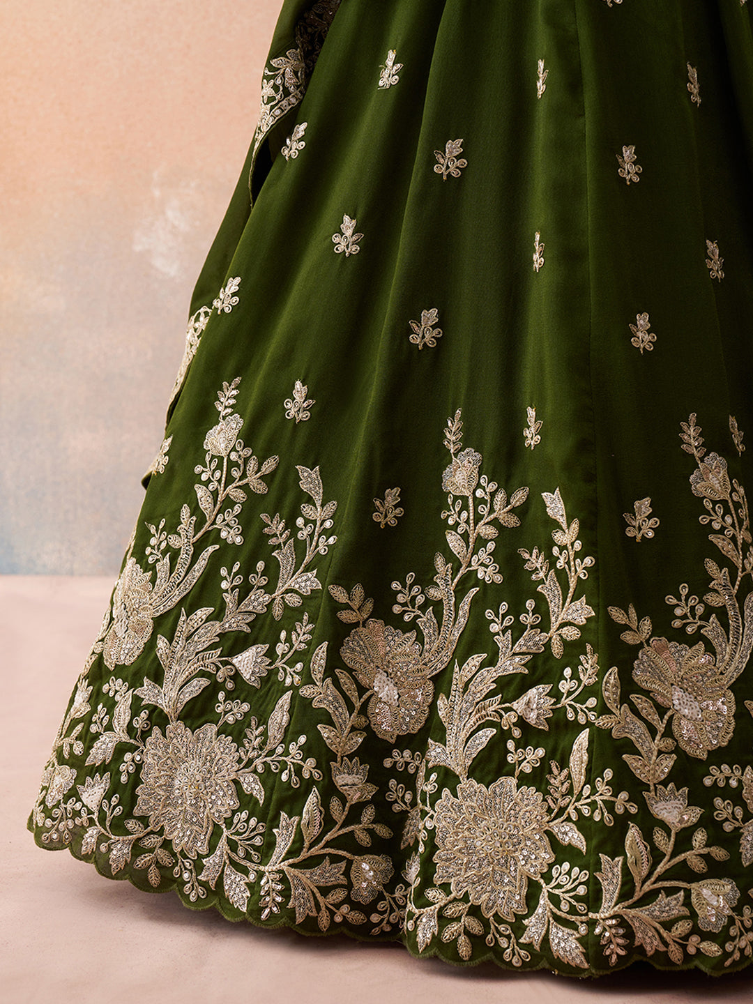 Mehendi Green- Tissue Sequinned with Zari Embroidered Lehenga 6309