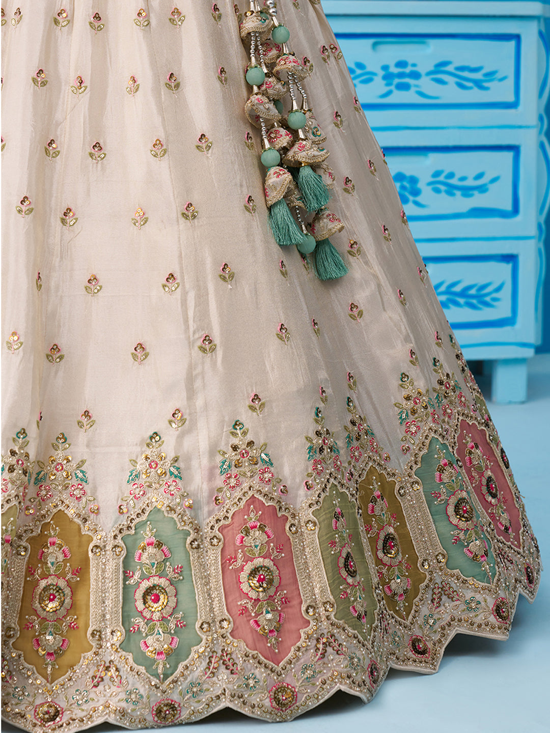 Cream green- Tissue Sequins Embroidered Multicolor Patch Work Lehenga 6166