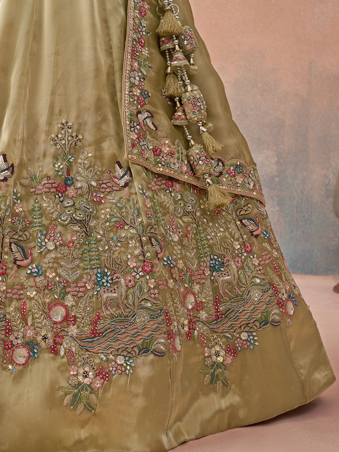 Beige golden- Tissue Sequinned with Zarkan Embroidered Lehenga 6298