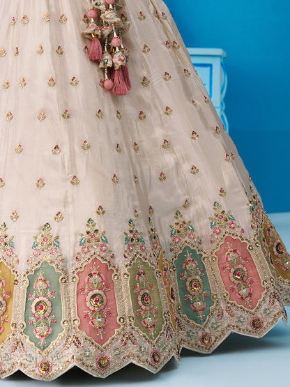 Cream pink- Tissue Sequins Embroidered Multicolor Patch Work Lehenga 6166