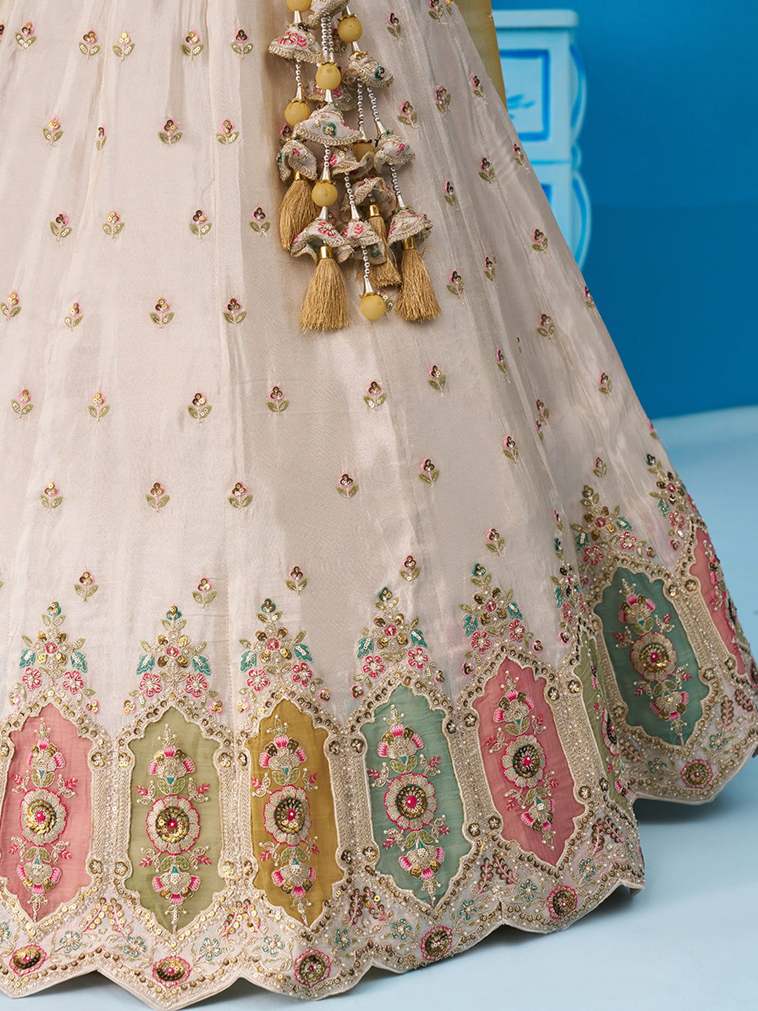 Cream- Tissue Sequins Embroidered Multicolor Patch Work Lehenga 6166