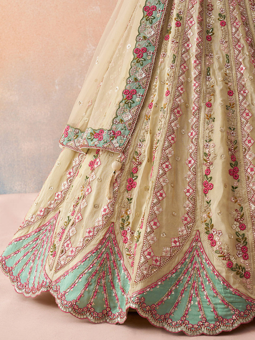 Cream- Tissue Sequins Embroidered Lehenga 6113
