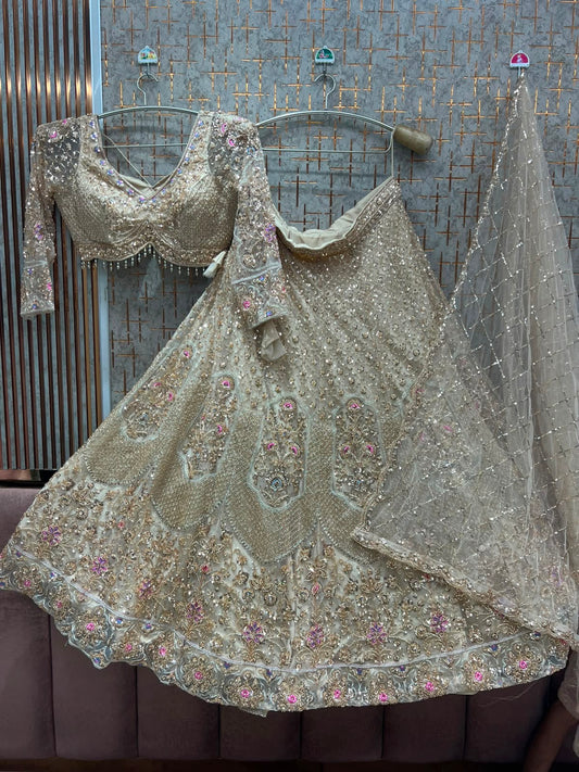 Beige Golden Crop Top Lehenga