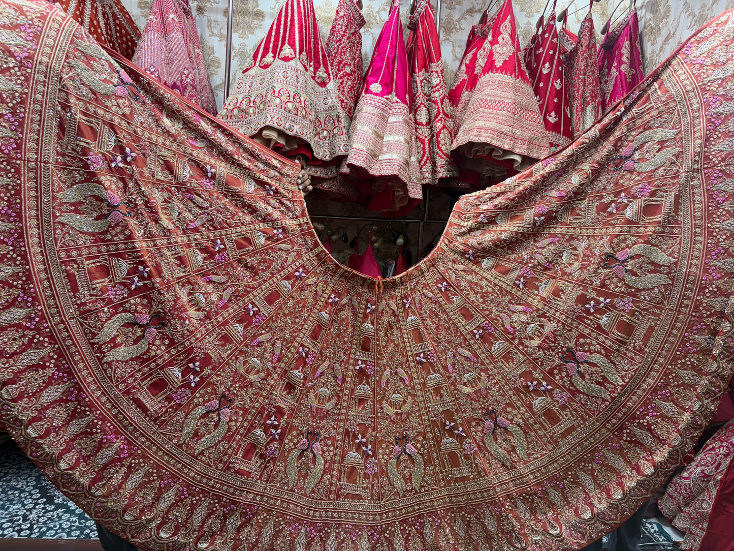 Orange Pink Peacock Bridal Lehenga