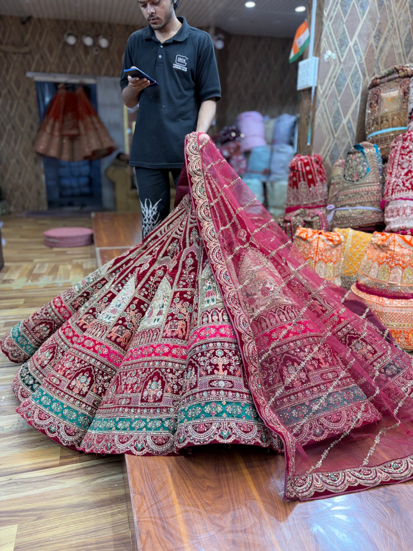 Doli Barat figure pattern maroon Ball Bridal Lehenga