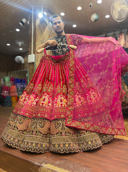 Pleasing Red Rani Pink Doli Barat Ball Bridal Lehenga