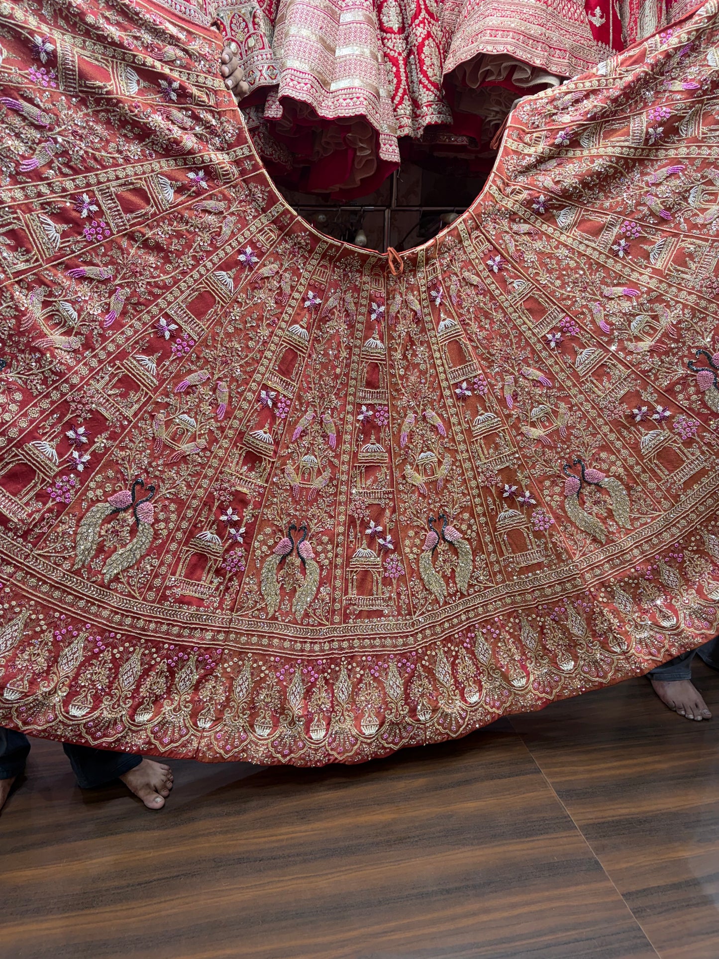 Orange Pink Peacock Bridal Lehenga