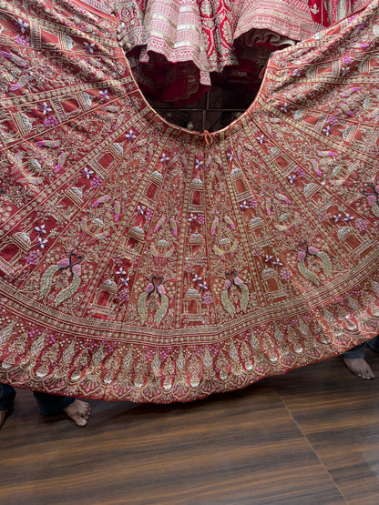 Orange Pink Peacock Bridal Lehenga