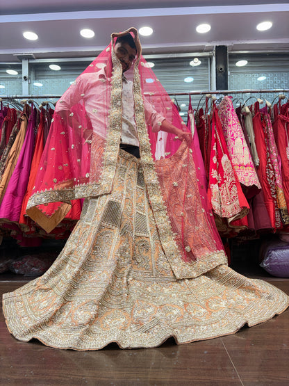 Amazing peach orange golden zardozi dabka handwork handmade bridal Lehenga
