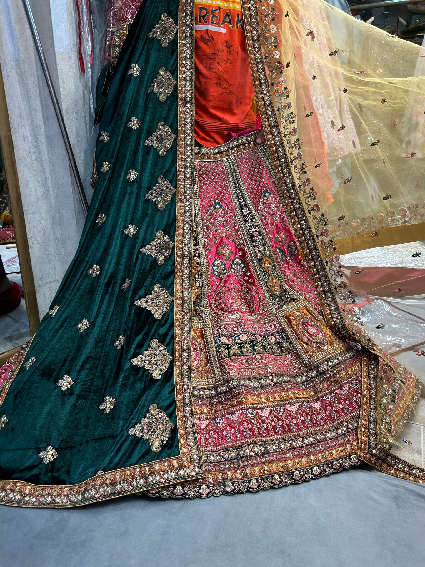 Astonishing pink golden double dupatta bridal Lehenga