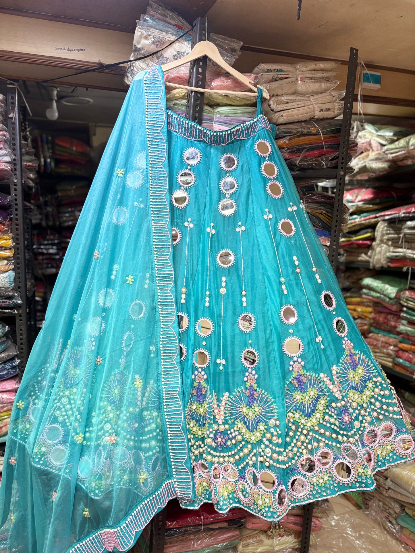 Beautiful Sky blue pdp mirror work Lehenga