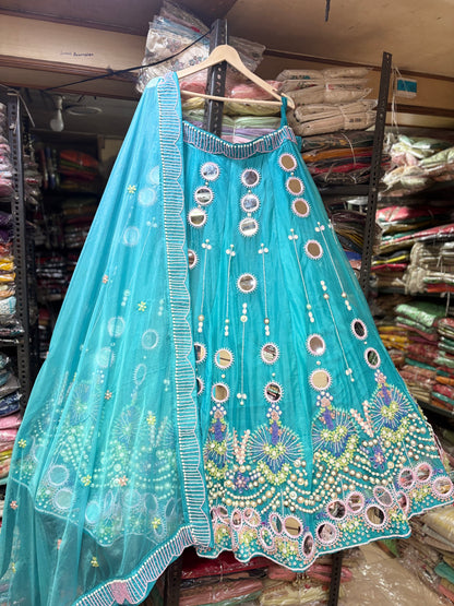 Beautiful Sky blue pdp mirror work Lehenga