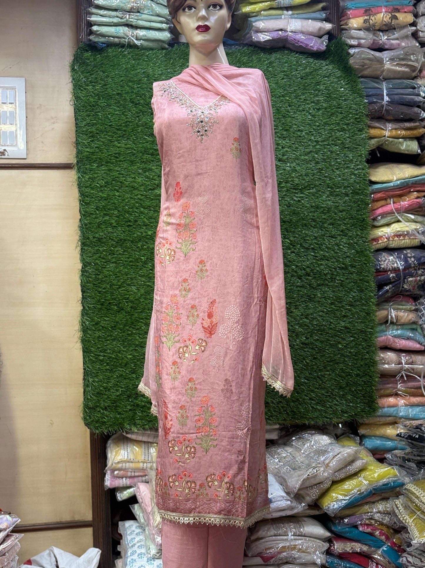 Elegant pink unstitched salwar suit dress material(free size)