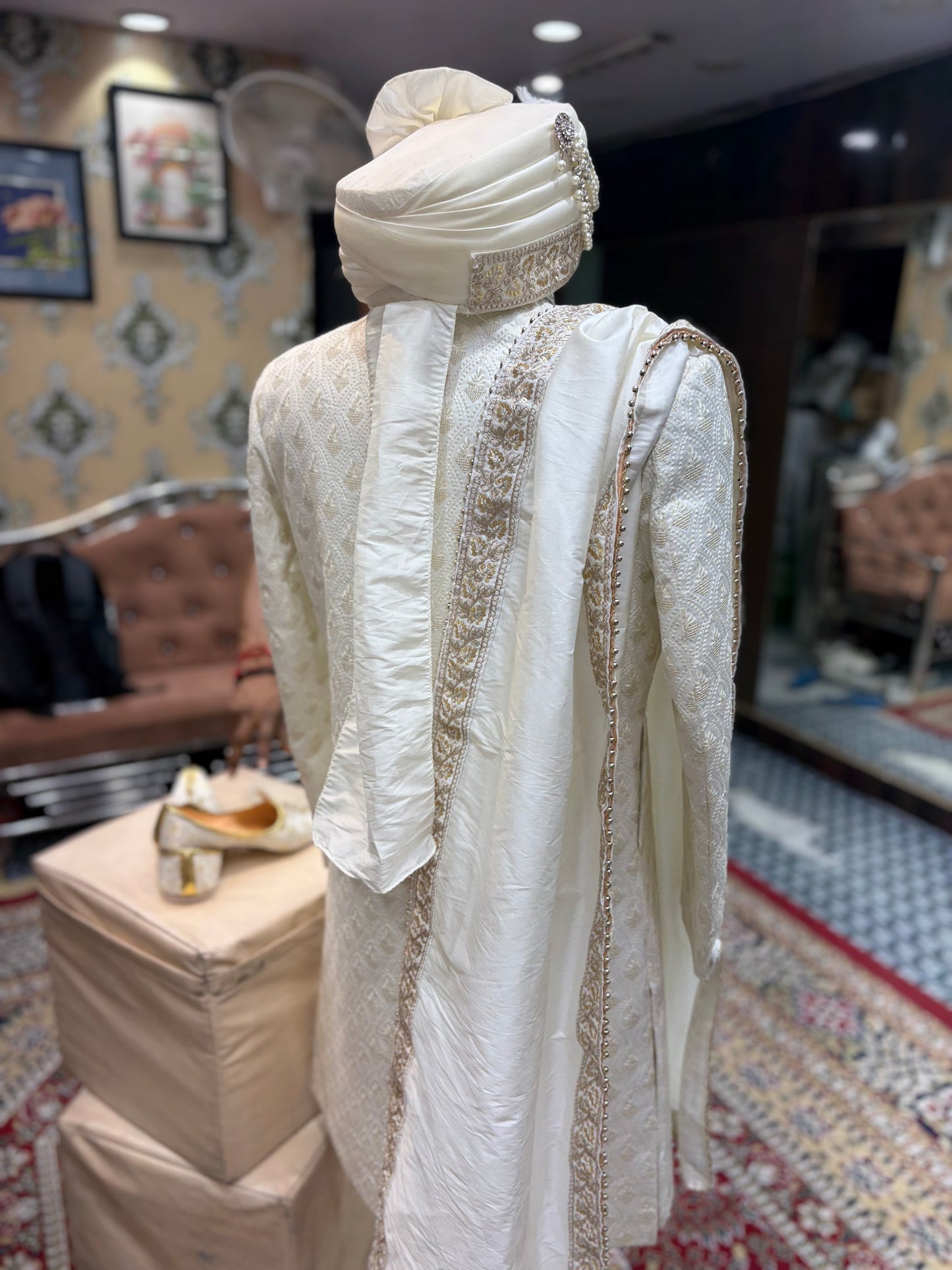 Golden cream white sherwani