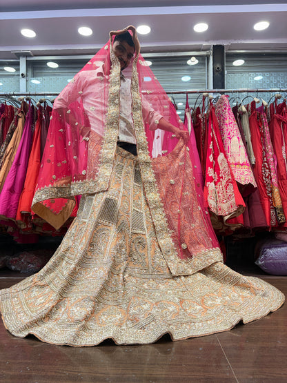Amazing peach orange golden zardozi dabka handwork handmade bridal Lehenga