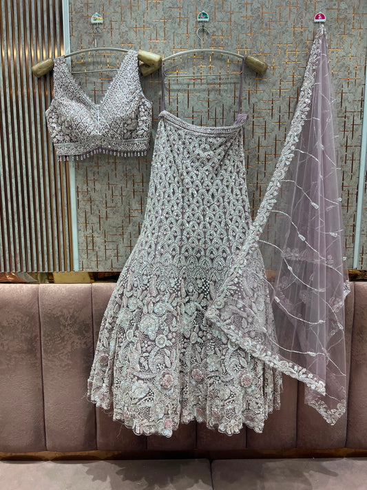 Lavender Fish Cut Crop Top Lehenga