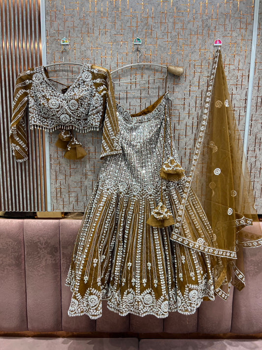 Mustard Brown Fish Cut Crop Top Lehenga