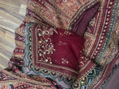 Designer maroon double duptta multi Kali Bridal Lehenga