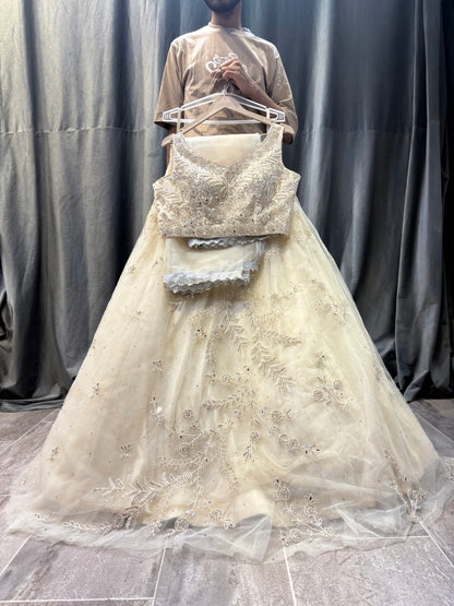 Designer White cream Crop top Lehenga