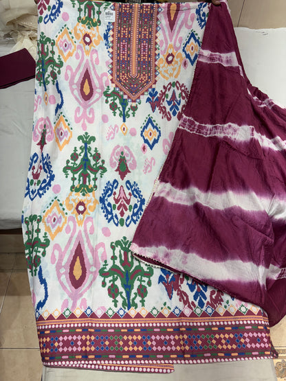 Engaging maroon summer cotton unstitched suit ( free size )