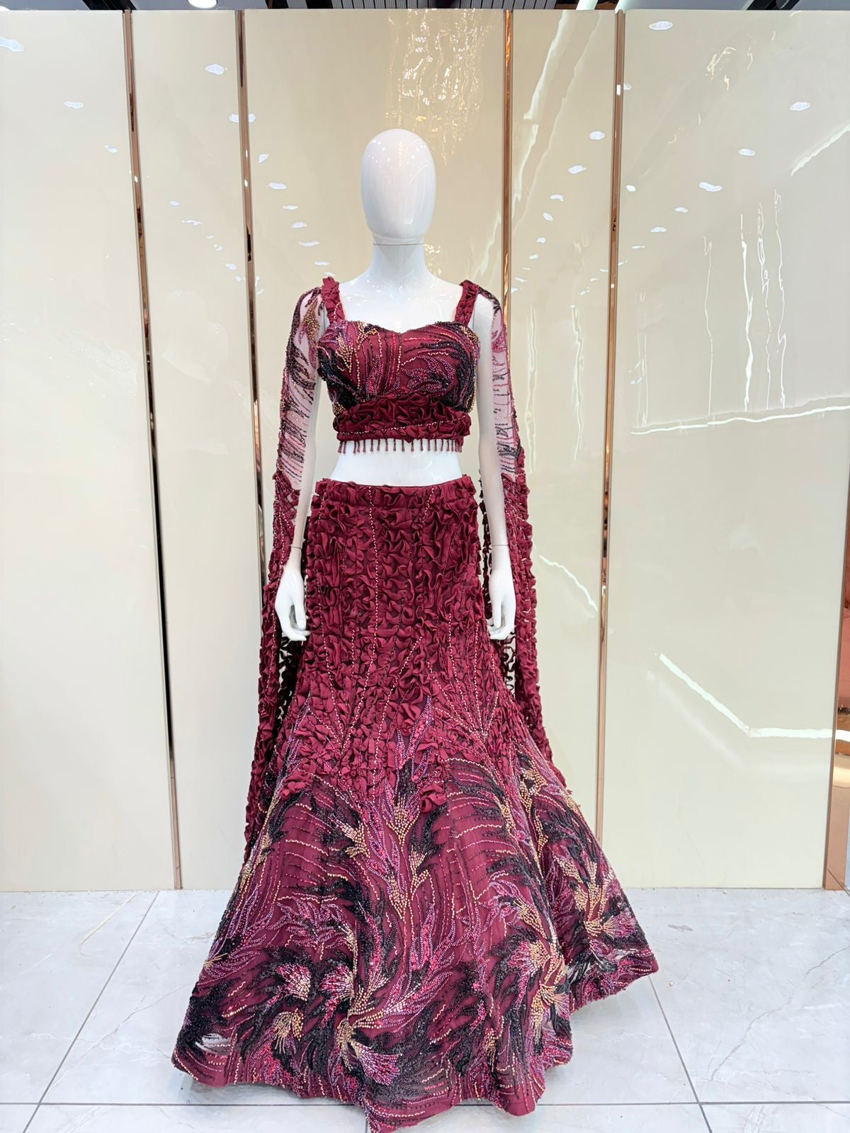 Blue red black brown fish cut Crop top Lehenga