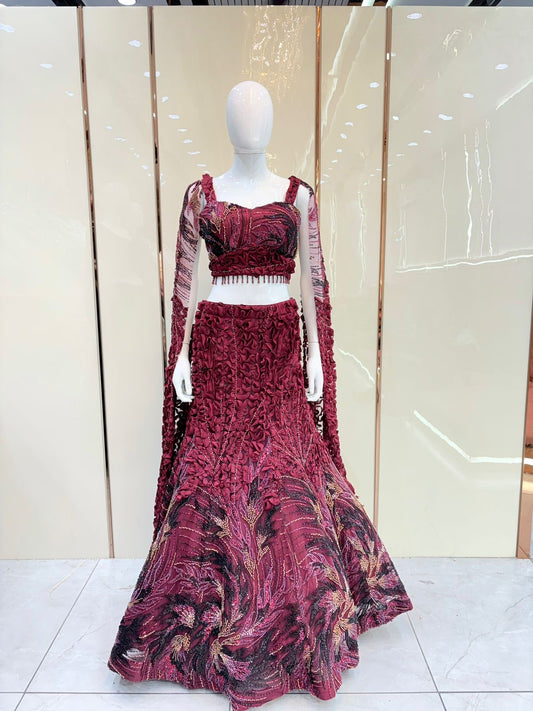 red Fish cut Crop top Lehenga