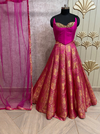 Navy blue Banarasi crop top Lehenga