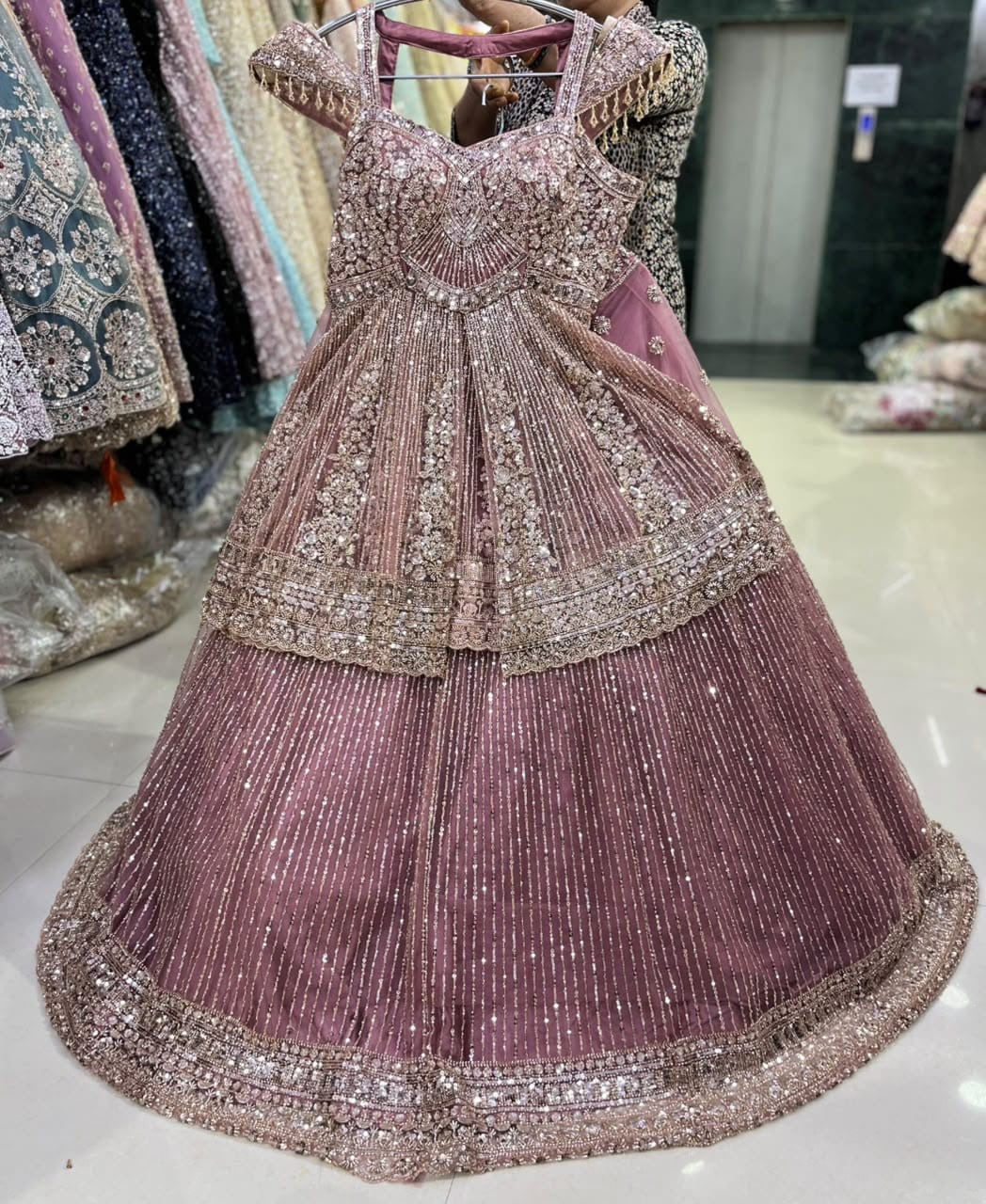 Baby pink chiku colour maroon Crop Top Lehenga (Copy)